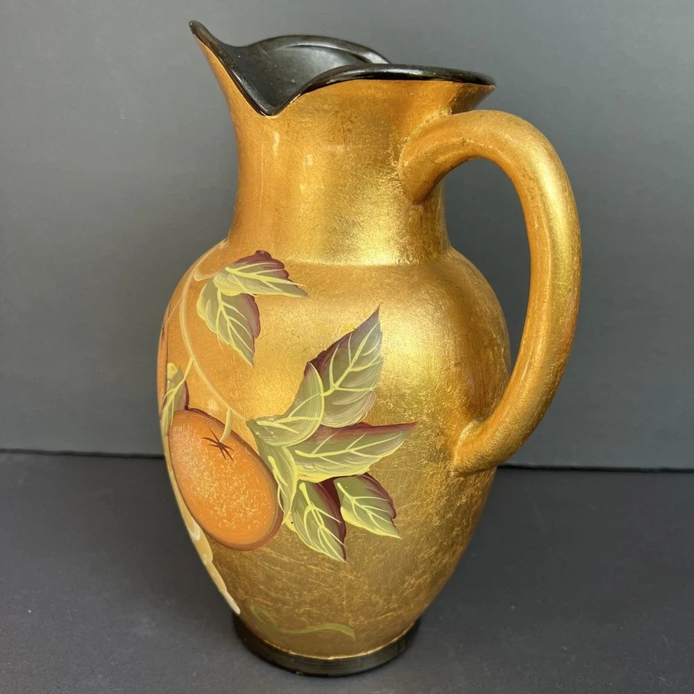 VTG Gold Gilt Hand Painted Fruit Pitcher Vase Stoneware Japan Style 9.5